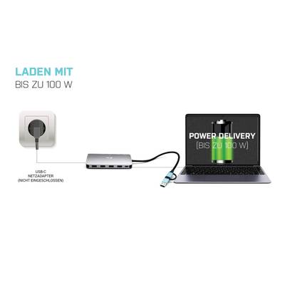 Laptop with USB-C hub, connected to a power socket. Text: 'Charging up to 100 W'. Laptop displays 'Power Delivery up to 100 W'.
