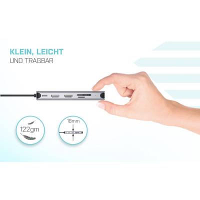 A hand holds a slim, portable adapter with connections. Text: "Small, lightweight and portable", weight 122g, thickness 18mm.