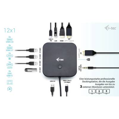 A docking station by i-tec with ports for USB-C, USB 2.0, HDMI and LAN, supporting up to three external monitors.