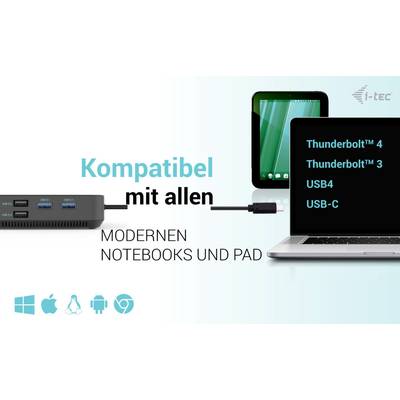 'Compatible with all modern notebooks and pads' shows a device with various connections that is compatible with Thunderbolt 4, Thunderbolt 3, USB4 and USB-C. Symbols below represent different systems.