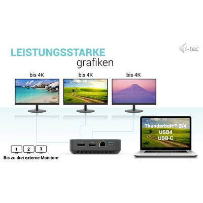'Three monitors display different landscapes, all up to 4K resolution. They are connected to a Thunderbolt 3/4 docking station.'
