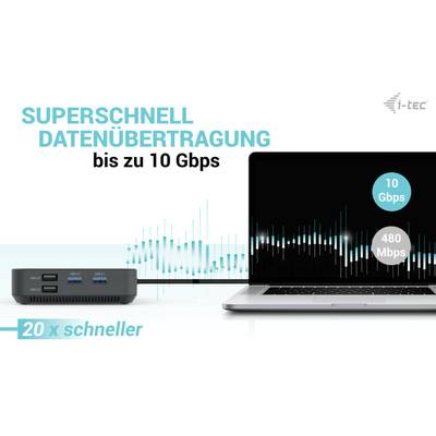'Laptop with docking station, Text: Super-fast data transfer up to 10 Gbps. Diagram shows comparison of 10 Gbps vs. 480 Mbps.'