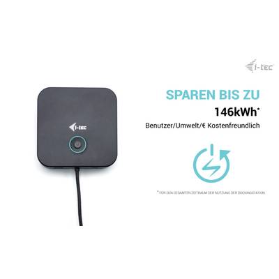 A black electronic device with a cable. Text: 'Save up to 146 kWh' and symbols for energy efficiency and user-friendliness.