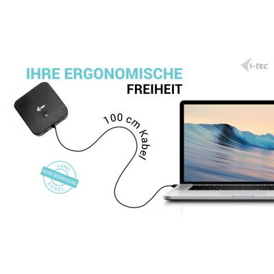 A laptop is connected to a small device with a 100 cm long cable. Text: 'YOUR ERGONOMIC FREEDOM', 'Long cable, no limitation'.