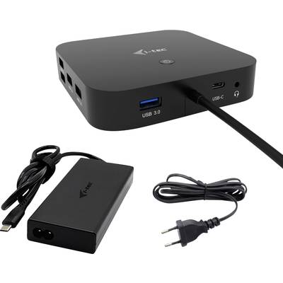 A black USB-C docking station with multiple ports, including USB 3.0 and USB-C, alongside a power adapter and power cable.