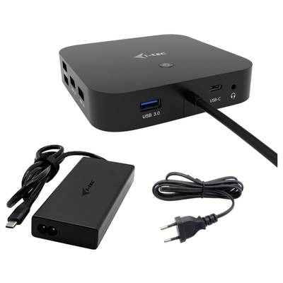 A black USB-C docking station hub with multiple ports, including USB 3.0, USB-C and audio. Separate power adapter and power cable.