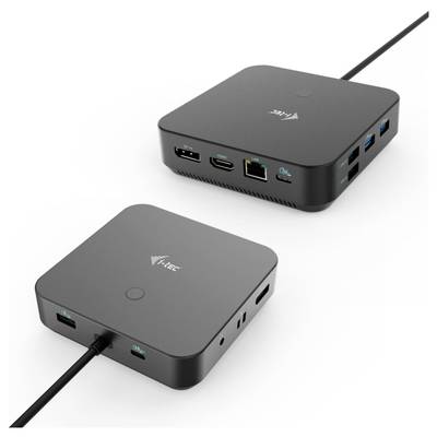 Two black USB-C docking stations with HDMI, USB, and Ethernet ports, enabling connection of multiple devices to a single computer.