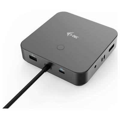 Black USB-C docking station with multiple ports on the front, with a cable plugged in, suitable for laptops and desktop PCs.