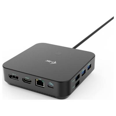 A black adapter with cable has connections for DisplayPort, HDMI, LAN and multiple USB ports.