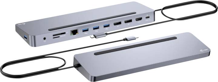 A silver docking station device with multiple ports, including USB, HDMI, and Ethernet connections. A connected USB cable is visible.
