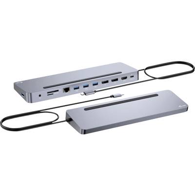 A silver docking station device with multiple ports, including USB, HDMI, and Ethernet connections. A connected USB cable is visible.