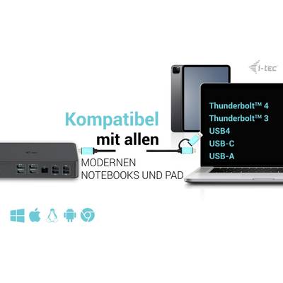 'Compatible with all modern notebooks and pads.' Pictured: Docking station, laptop, tablet, symbols for Thunderbolt™ 4, USB4, USB-C, USB-A and operating systems.