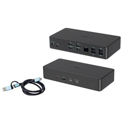Black docking station with multiple port connections, including USB, HDMI and Ethernet. Includes a separate USB cable.