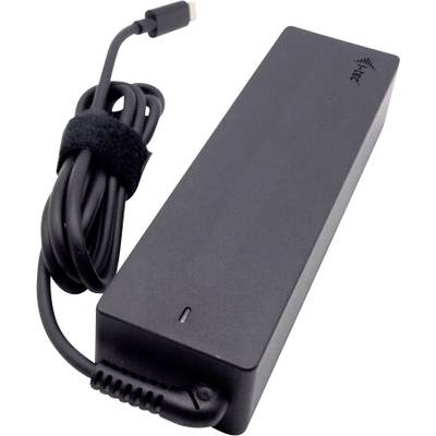 A rectangular, black laptop power adapter with a USB-C port and a long cable.