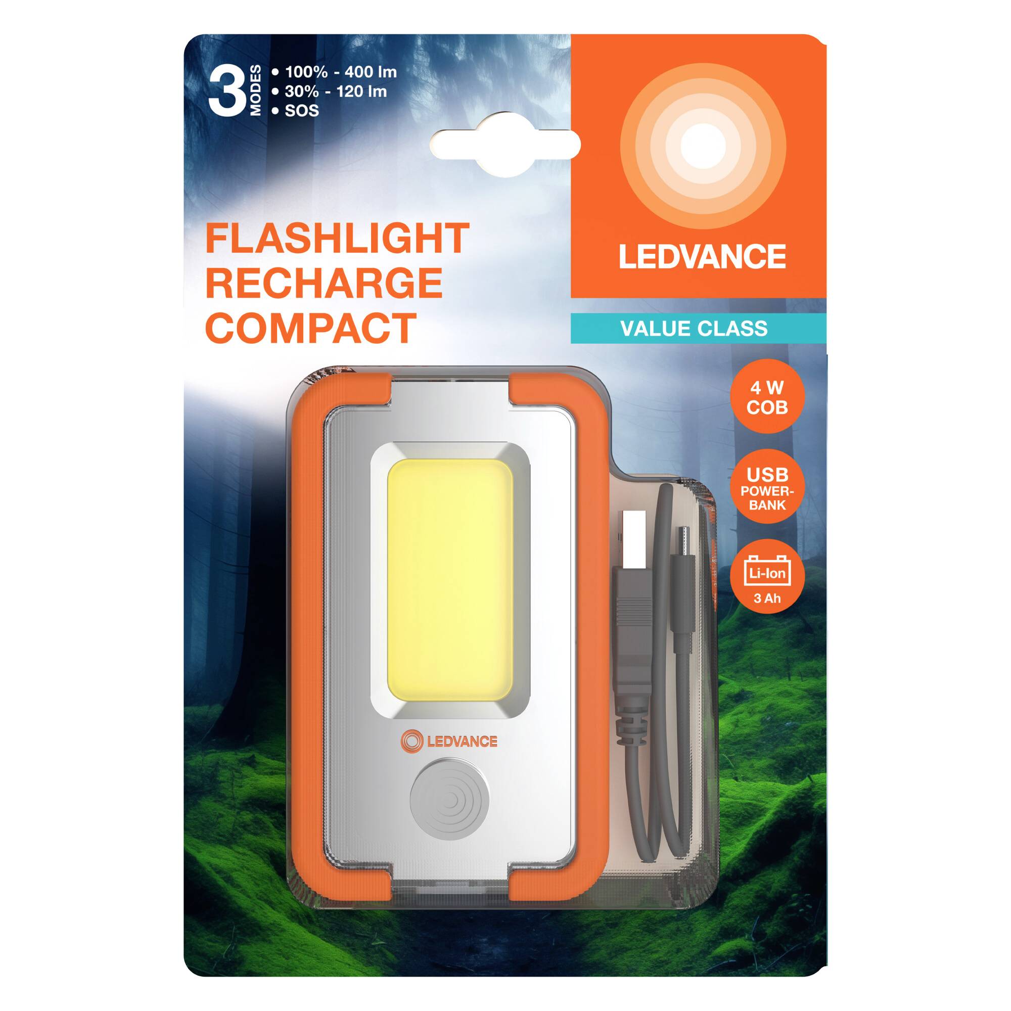 'Ledvance Flashlight Recharge Compact': USB Cable Torch with 3 Light Modes (100%, 30%, SOS), 4W COB, 120 lumens, Power Bank Function.