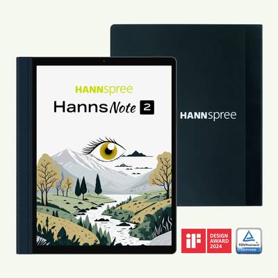 The image depicts a Hannspree HannsNote 2 tablet with a nature motif on the screen, accompanied by design awards and TÜV certification.