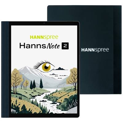 A tablet with the inscription 'Hanns Note 2' and an image of mountains and meadows on the screen. The brand name 'HANNSspree' is visible.