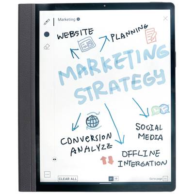 Tablet displays hand-drawn marketing strategy with arrows: 'Website', 'Planning', 'Social Media', 'Conversion Analysis', 'Offline Integration'.