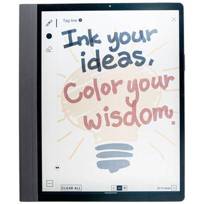 Tablet with a digital note 'Ink your ideas, Colour your wisdom' in front of a lightbulb.