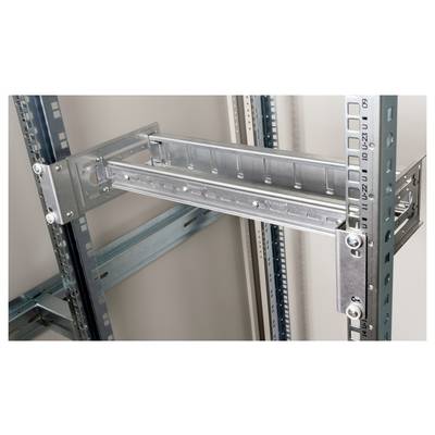 Metal frame with rails and screws, part of a shelving unit or rack, shows construction and mounting detail.