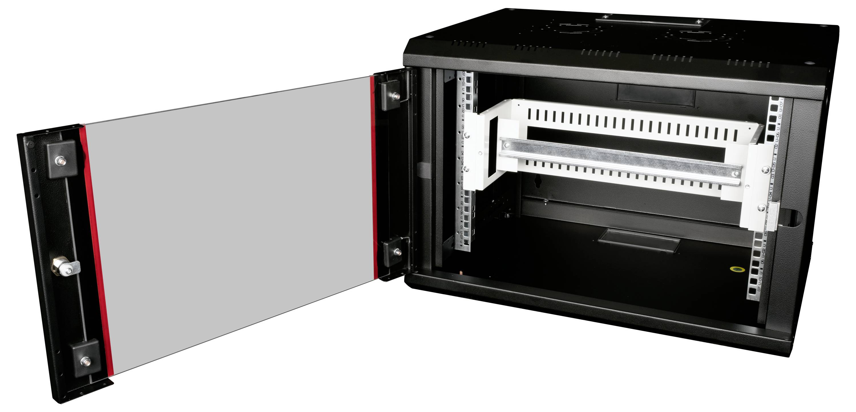 Black wall-mounted distribution board with an open door, showing empty metal mounting rails inside; for network or server equipment.