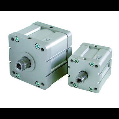 Two pneumatic metal cylinders of various sizes, with a square shape and central connection, on a white background.
