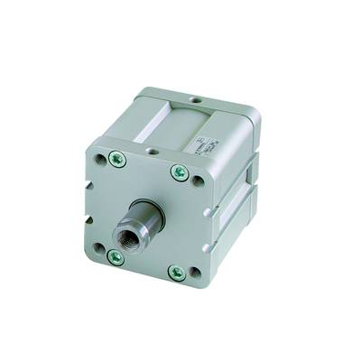 Silver pneumatic cylinder with a square shape and visible central opening on a white background.