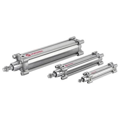 Three pneumatic metal cylinders of different sizes are lying side by side. They bear the logo of a well-known brand.