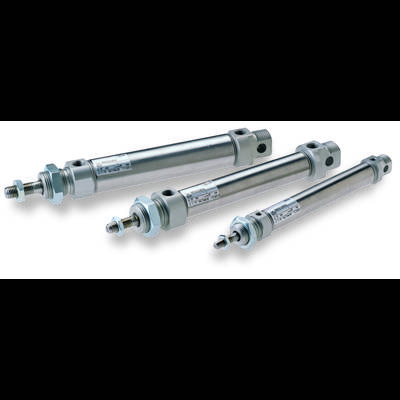 Three metallic pneumatic cylinders side by side. They have different lengths and are designed for industrial applications.
