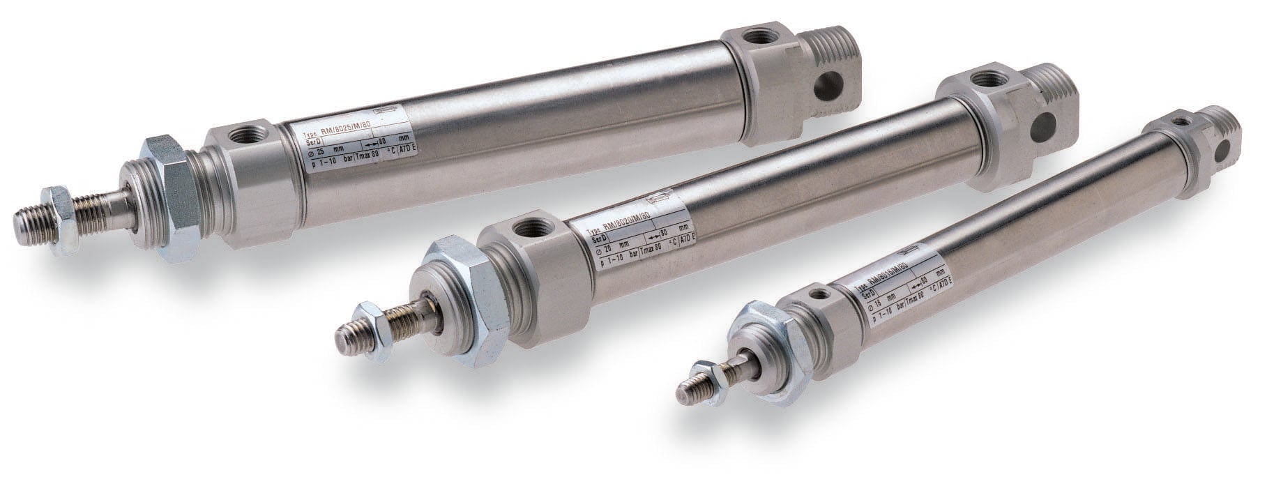 Three metal cylinders of different sizes placed side by side, with threaded connections at their ends, on a white background.