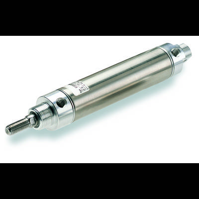 A cylindrical metal pneumatic cylinder.