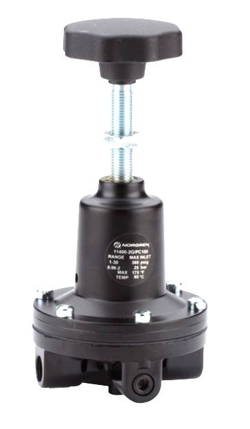 A pressure regulator made of black metal with an upper adjustment wheel and markings for pressure range, temperature, and maximum inlet.