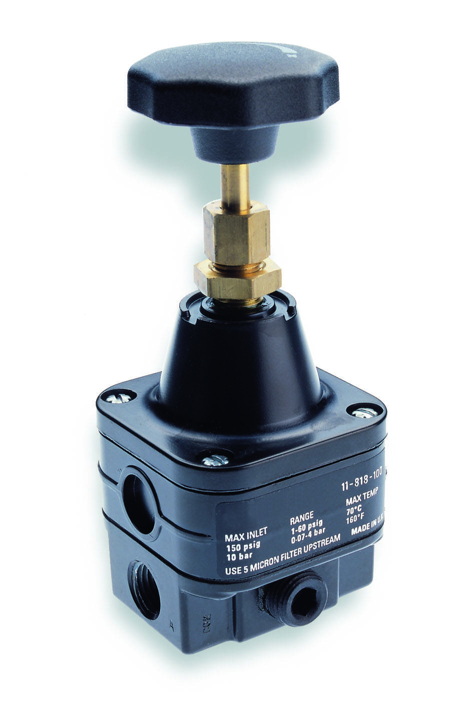 Regulating valve with black rotary knob; maximum inlet pressure 150 psi, range 0-60 psi. Note 'Use 5 micron filter'.