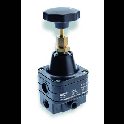 A pressure regulator with a rotary knob, maximum inlet pressure 150 psi, range 0-125 psi. Use a 5 micron filter upstream.