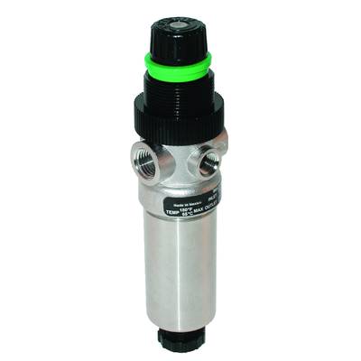 Metal valve with a black rotary knob, two connections and labelling 'Made in Mexico, Temp 150°C, 65°C max outlet'.