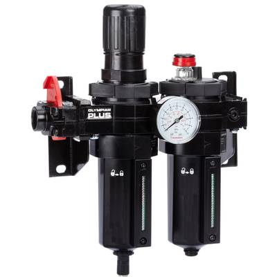 Air preparation unit with pressure regulator, pressure gauge and two filter housings, for controlling and monitoring compressed air in industrial applications.