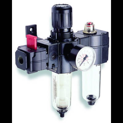 Pneumatic maintenance unit with black housing, pressure gauge, pressure regulator and two transparent water separators.