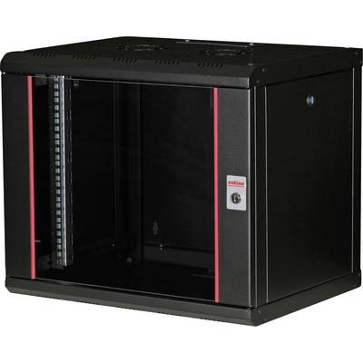 Black wall-mounted network cabinet with glass door, suitable for securely storing and organising network devices and cables.