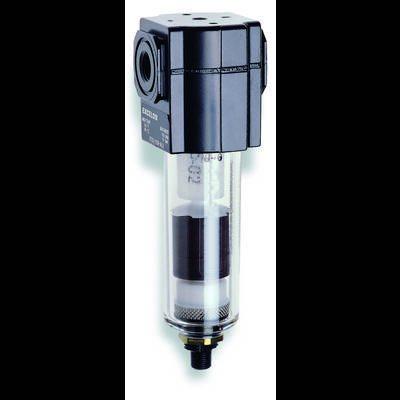 A transparent compressed air filter with a black top surface and connection openings, used for cleaning compressed air in industrial applications.