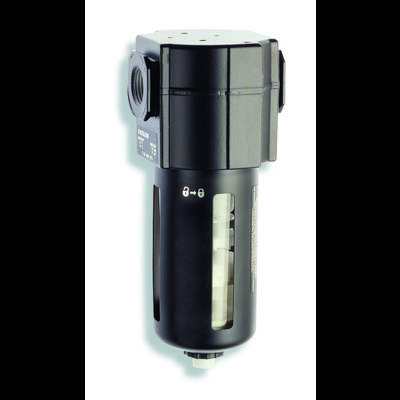 Air regulator in rectangular form, black, with sight glass. Used for pressure regulation in pneumatic systems.