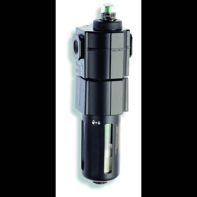 Industrial filter unit with a circular gauge on top for indication. Black housing, side opening, likely for compressed air applications.