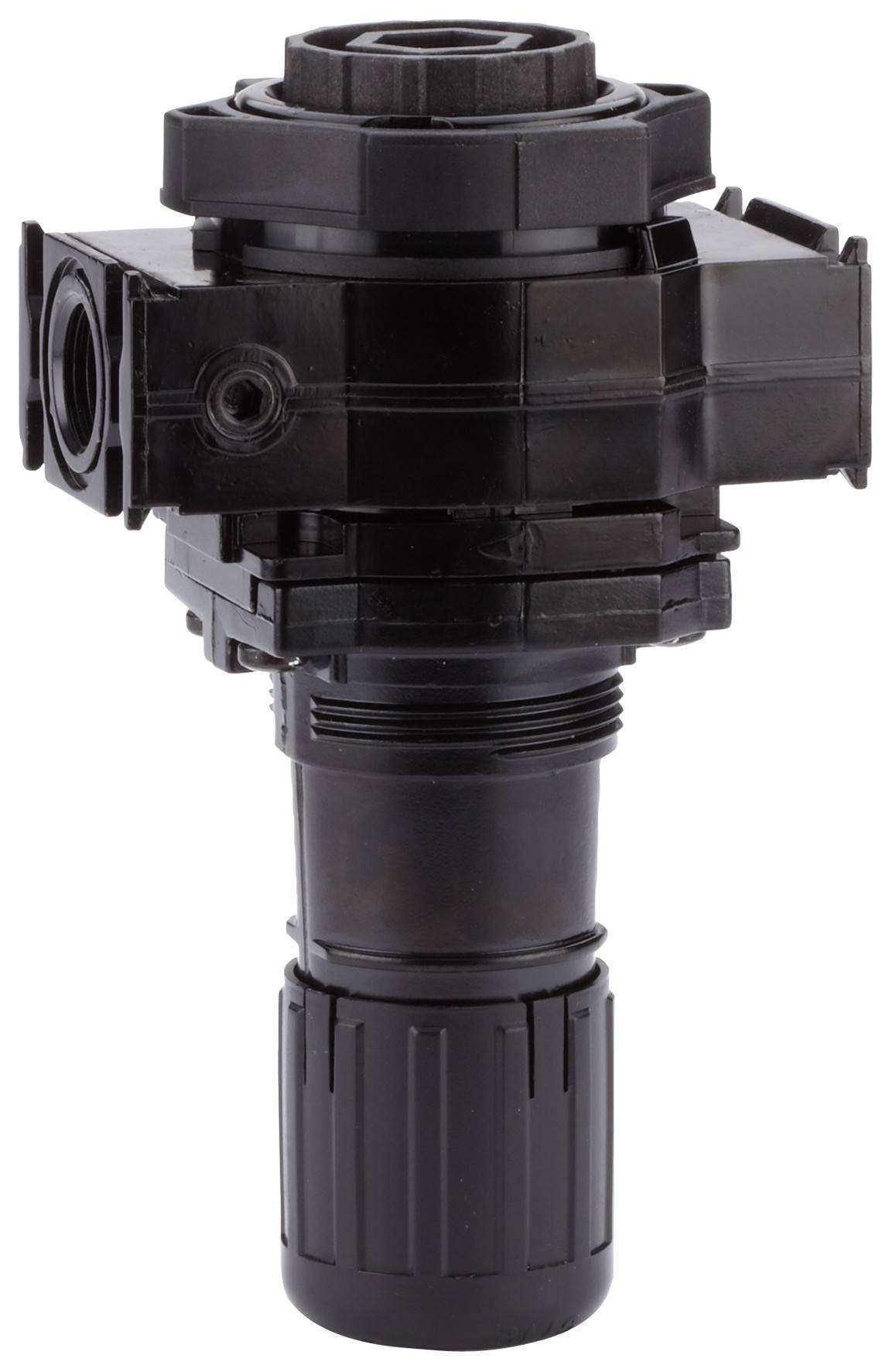 A black plastic valve with multiple connections and a cylindrical base. It is used in water pipelines.