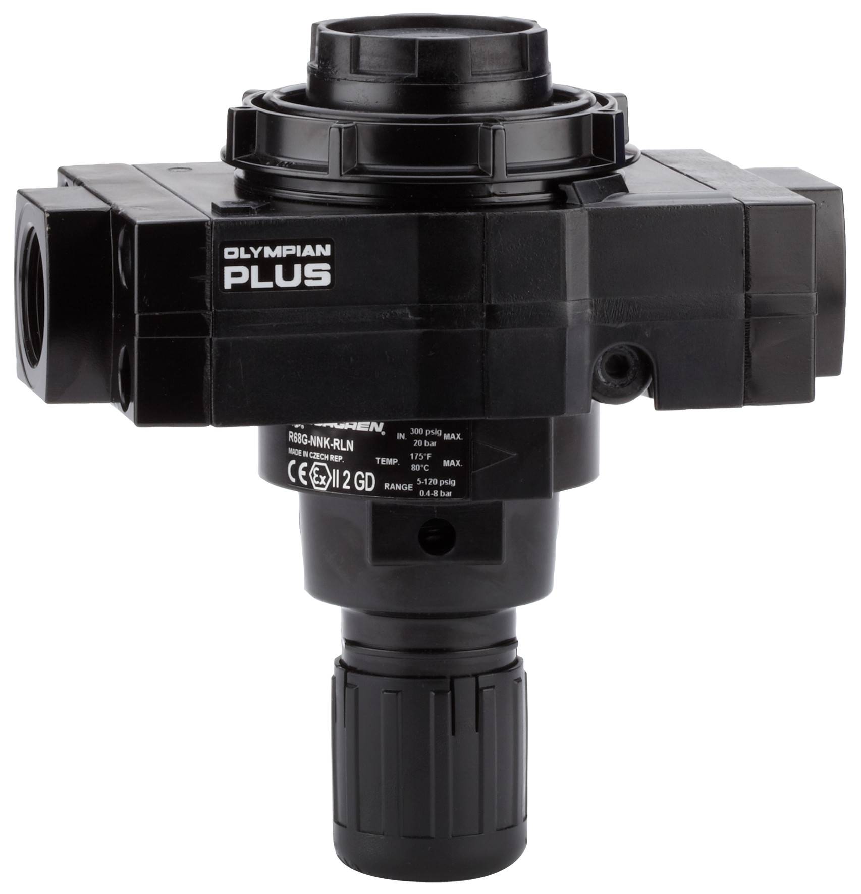 A black, rectangular pneumatic controller labelled 'Olympian Plus' with visible connections and adjustment knob.