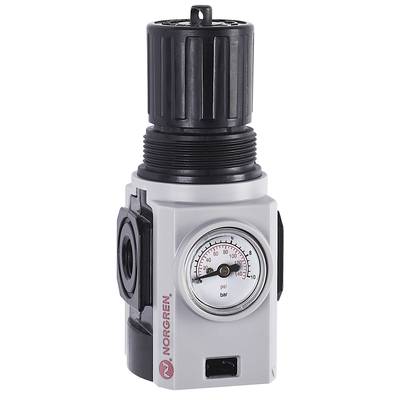 A pressure regulator with manometer shows the pressure in psi and bar. The device is grey and black, with the Norgren brand on the side.
