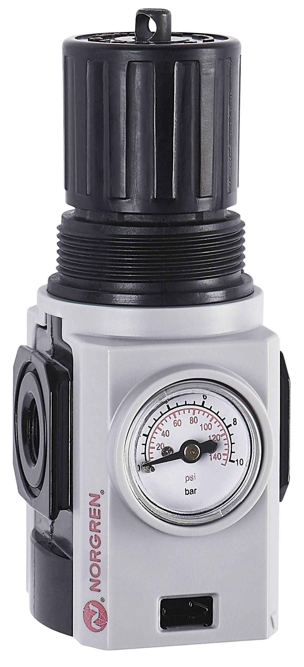 Pressure regulator with pressure gauge showing pressure in psi and bar. Upper knob for adjustment. White housing with black upper section.
