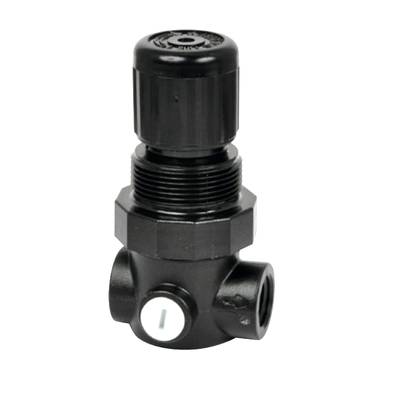 A black, cylindrical valve with a handle on top and side connections, used for regulating flow in pipes.