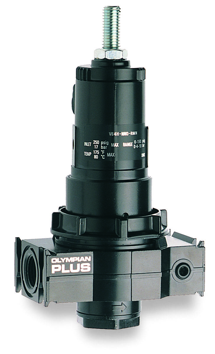 A black pressure regulator with the inscription 'OLYMPIAN PLUS', used in pneumatic systems for controlling air pressure.