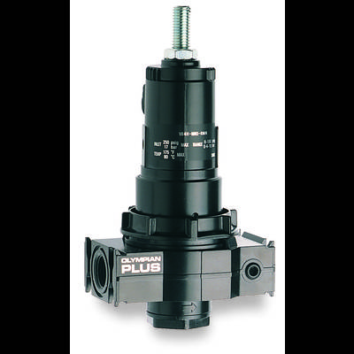A black pressure regulator with the inscription 'OLYMPIAN PLUS', used in pneumatic systems for controlling air pressure.