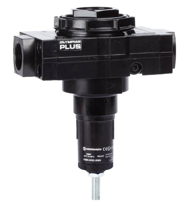 A black industrial valve with the inscription 'Olympian Plus' and 'Norgren' on the front.