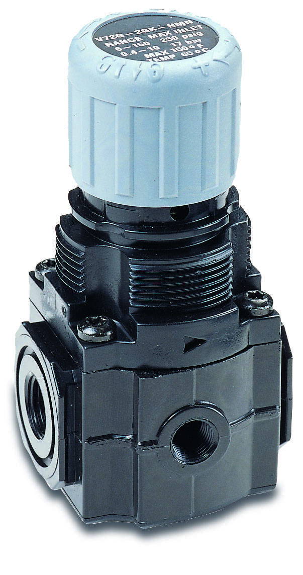 A black, sturdy valve with a large, ribbed plastic turning knob on top. Valve openings on the sides.